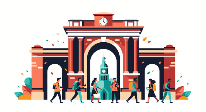 A vibrant illustration captures a diverse group of people strolling near a grand architectural archway, symbolizing urban life, education, and travel destinations.