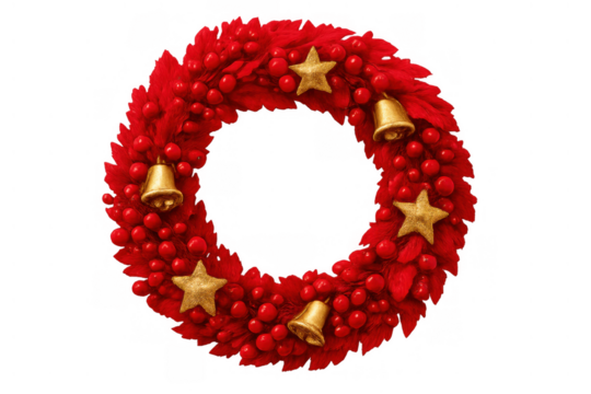 Christmas wreath with red berries, golden bells, and stars for holiday decoration, festive season design element