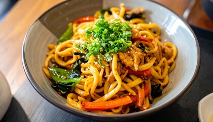 Yaki Udon, A Kind Of Japanese Udon Noodle Dish, Pan Fried Udon Noodles With Meat And Vegetables.