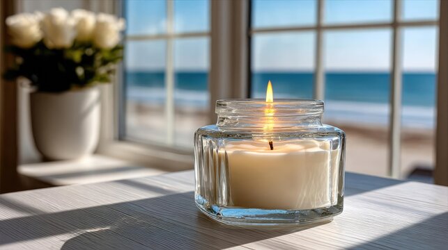 Candle on table under sunny coastal sunlight concept. A serene candlelight scene by the ocean, evoking calmness.
