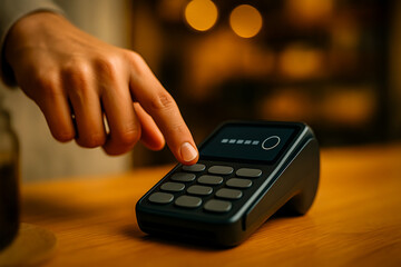 Customer entering PIN code on a POS terminal in a cafe