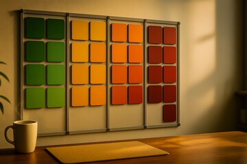 Physical kanban board with color-coded task cards on a wall