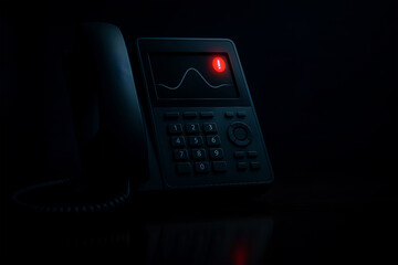 Scam call warning on a dark office IP phone