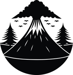Exploding volcano with trees and flying birds in round shape vector illustration