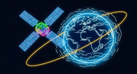 Global communication network connects Earth with orbiting satellite and digital data streams