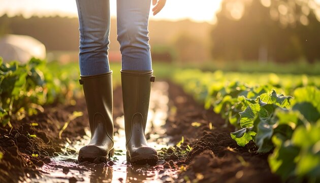 Person in rain boots on a farm path at sunset