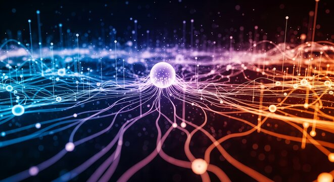 Dynamic abstract network of glowing nodes and connecting lines in vibrant digital flow