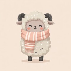Fototapeta premium Cute Fluffy Sheep Wearing Pink Scarf Cozy Winter Attire Pastel Background