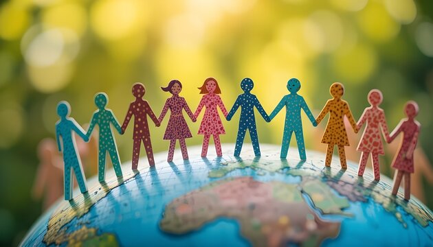 Paper dolls holding hands standing on a globe, symbolizing unity and diversity around the world