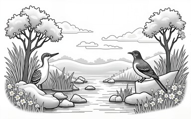 Wildlife conservation or habitat restoration in national park outline concept. Animal, birds and fish protection with environmental park ecosystem vector illustration. Flora and fauna biodiversity.