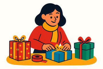 Happy woman joyfully wraps special gift box with colorful ribbon and bow, preparing it for festive celebration. Thoughtful creation brings holiday cheer, perfect for Christmas event