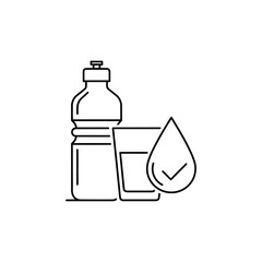 Water Bottle and Glass Icon – Line Art Vector of Clean Drinking Water with Purity Symbol