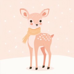 Cute Pink Deer Wearing Yellow Scarf In Snowy Background With Soft Pink Snowflakes