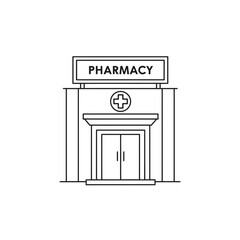 Pharmacy Building Line Art – Vector Illustration of Medical Store with Cross Sign and Glass Doors