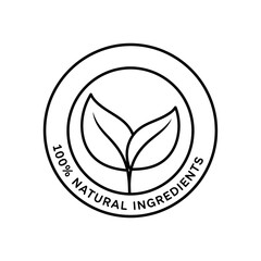 100% Natural Ingredients Badge – Organic Product Label Vector with Leaf Symbol in Circle