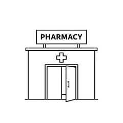 Pharmacy Building Line Art – Vector Illustration of Medical Store with Cross Sign and Glass Doors