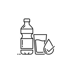 Water Bottle and Glass Icon – Line Art Vector of Clean Drinking Water with Purity Symbol