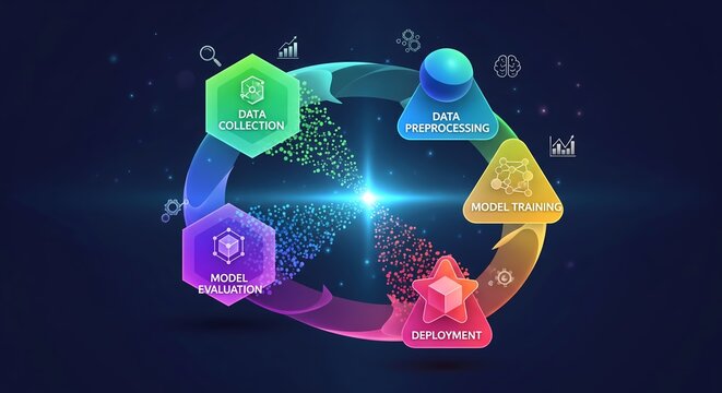 Dynamic machine learning workflow visualizes data collection, processing, training, and deployment stages.