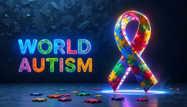 World autism awareness day concept with puzzle ribbon and colorful text on a dark background