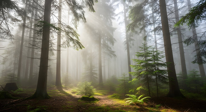 Sunbeams pierce through the misty forest canopy, illuminating a winding path through tall trees and lush ferns.