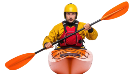 Man kayaking with paddle transparent background cutout png