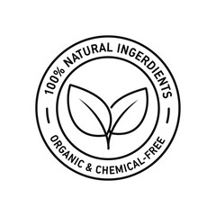 100% Natural Ingredients Badge – Organic Product Label Vector with Leaf Symbol in Circle