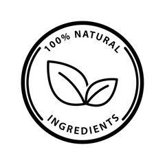 100% Natural Ingredients Badge – Organic Product Label Vector with Leaf Symbol in Circle