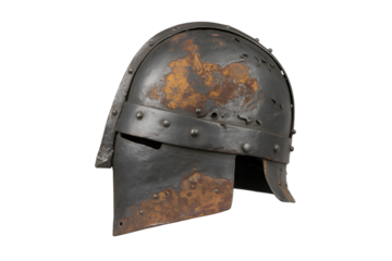Antique medieval helmet with ornate details isolated on transparent background