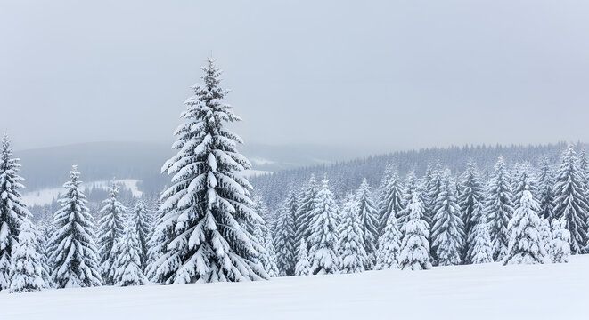 A serene winter landscape with a forest of snow-covered evergreen fir trees under a grey, overcast sky. - Powered by Adobe