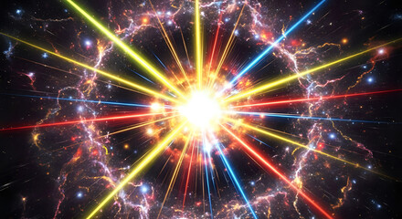Fototapeta premium Dynamic burst of vibrant cosmic light, stunning energy beams shooting through nebula, great for technology, science and space explorations concepts