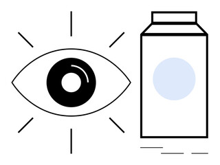 Eye with radiating lines next to a milk carton in flat minimal design. Ideal for health, nutrition, vision care, awareness, education, simplicity, and focus. Clean simple flat metaphor