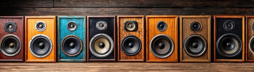 Stack of old wooden speaker cabinets concept. Vintage audio speakers displayed in a stylish wooden setting.