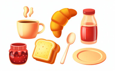 Breakfast set with coffee toast jam croissant bottle and spoon isolated vector