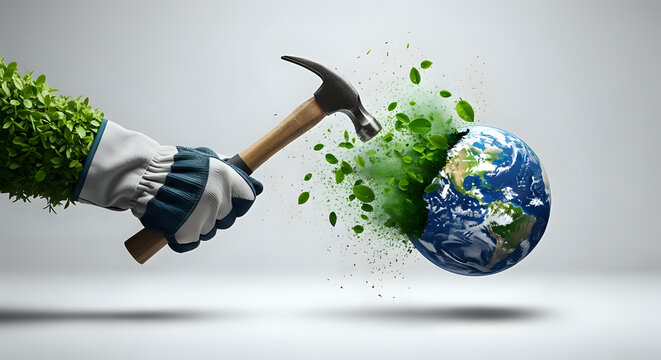 Striking a balance between nature and Earth, a powerful symbol of environmental impact and the urgent need for sustainable solutions and green action