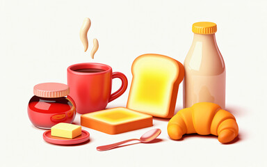 Delicious breakfast table with toast coffee jam croissant and butter illustration