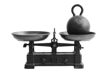 Vintage balance scale with weight isolated on transparent background