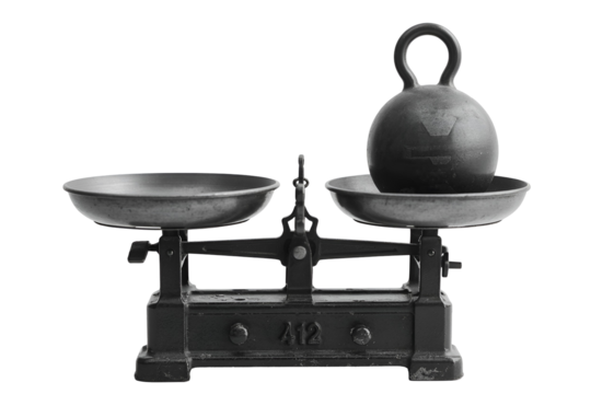 Vintage balance scale with weight isolated on transparent background
