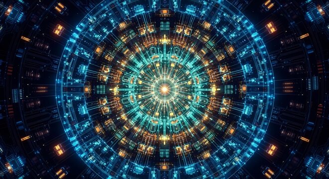 Dynamic digital circuit board pulses with vibrant blue and orange technological energy