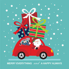 Christmas card with santa and penguin in the car