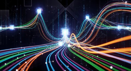 Dynamic abstract digital network flow with vibrant neon data streams and glowing nodes