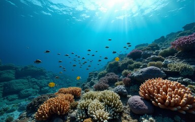 Obraz premium Diverse coral reefs flourishing through effective ocean management practices for climate resiliency and ecosystem health. High quality