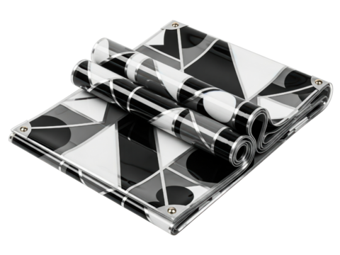 Folded vinyl tarp with a modern monochrome geometric pattern on a transparent background