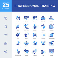 An 25 icon set illustrating professional training and skill development, including workshops, seminars, coaching, communication, e-learning, and team building activities.