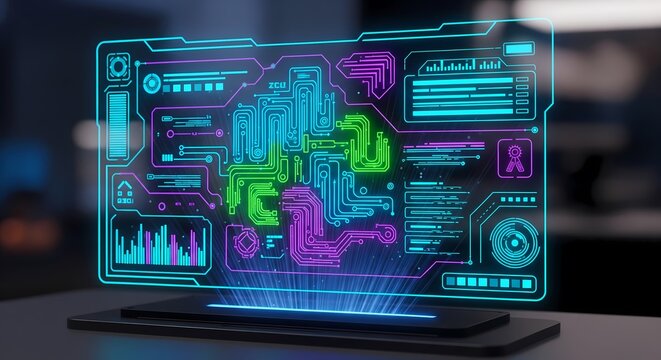 Dynamic futuristic interface displays complex data streams and digital circuits with vibrant neon glow