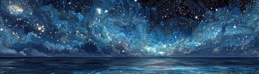 Historical evolution of dream theories concept. A serene night sky filled with stars over a calm ocean.