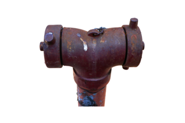 Old rusty pipe water hydrant fire department connection system  isolated on cutout PNG or transparent background. Ready to deliver water along pipe line. Emergency to control situation and reduce loss