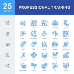 An 25 icon set illustrating professional training and skill development, including workshops, seminars, coaching, communication, e-learning, and team building activities.