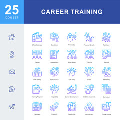 An 25 icon set about career training and skill development featuring mentorship, adaptability, creativity, leadership, feedback, and continuous professional growth.