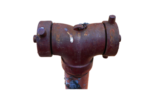 Old rusty pipe water hydrant fire department connection system  isolated on cutout PNG or transparent background. Ready to deliver water along pipe line. Emergency to control situation and reduce loss