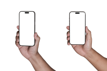 Hand holding the black smartphone Transparent of PNG image with blank screen and modern frameless design - isolated transparent background